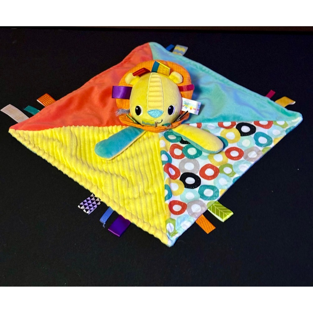 Bright Starts Taggies Lion Security Blanket Lovey Plush Yellow Blue Red Sensory